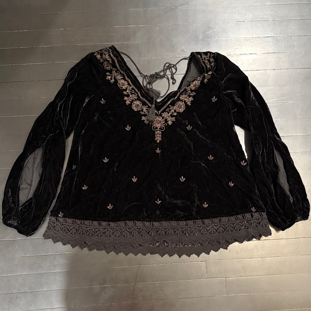 Denim & Supply Ralph Lauren Black Velvet Blouse with Embroidery
